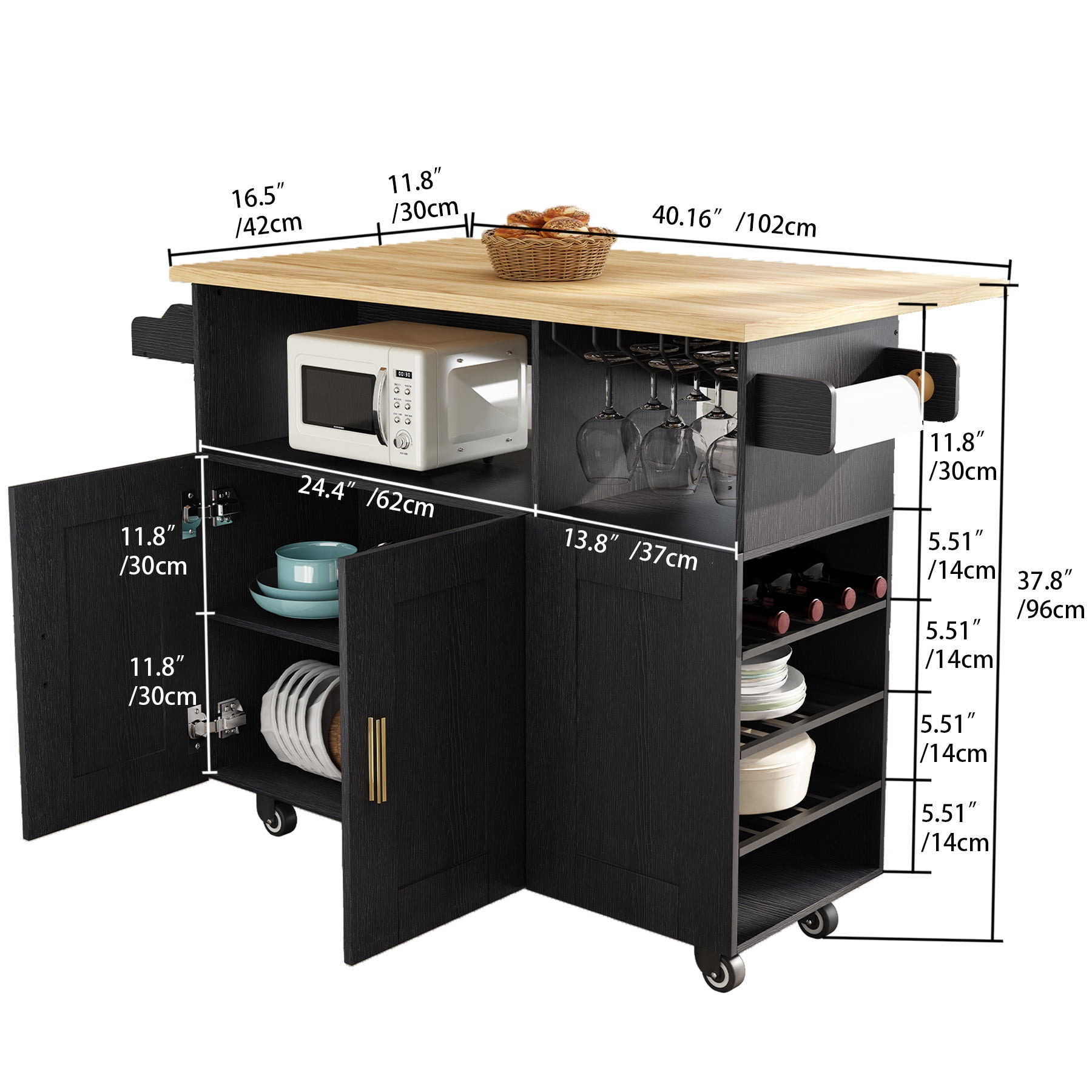 ZOPEND Rolling Mobile Kitchen Island Cart Bar with Desktop Drop Leaf Countertop, Island Cart with 5 Wheels, Power Socket and Towel Rack，Black