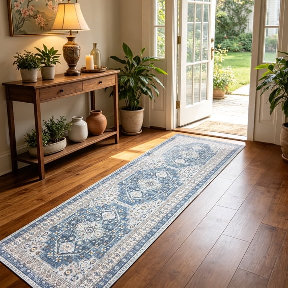 ARJINCUTE Boho Vintage Distressed Runner Rug Blue 2'x8', Soft Machine Washable Foldable Non-Slip Carpet for Hallway Kitchen Entryway Bedroom Laundry