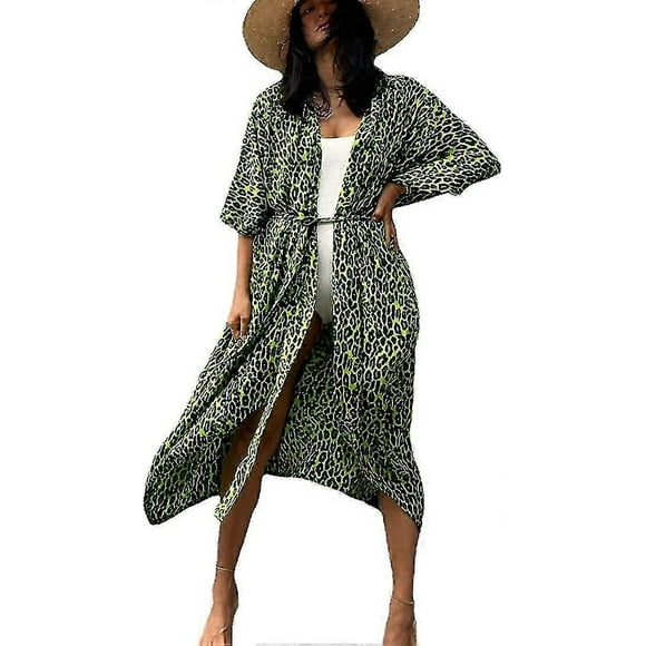 Women Long Beach Kimono Curve Hem Loose Open Front Bathing Suit Cover Up