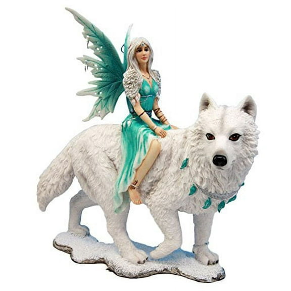 Ebros Gift Elektra Blue Ice Fairy Riding Giant Snow Wolf King Rumba Figurine 8"H