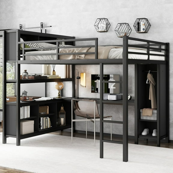 Queen Size Metal Loft Bed with Wardrobe, L-Shaped Desk, Storage Cubes and Shelves - Heavy Duty, Black