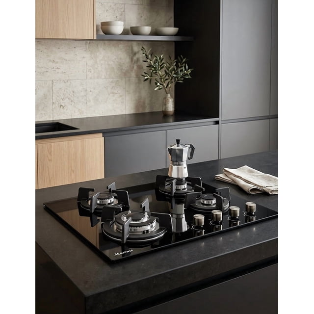 Parrilla de Gas Maxims Empotrable 4 Quemadores Cristal Negro 59cm Encendido Eléctrico Gas LP y Natural