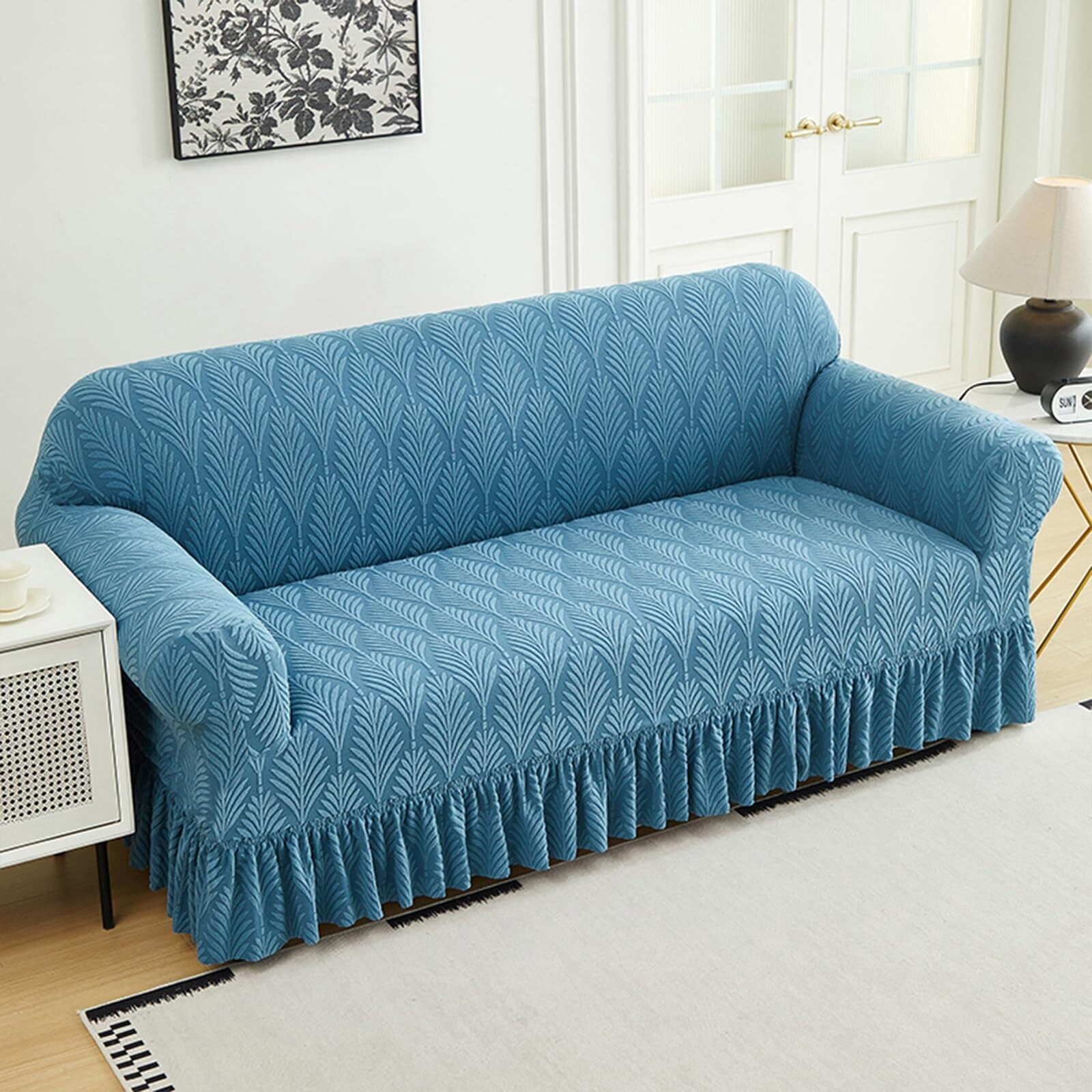 LKJYER Stretch Sofa Couch Slipcover with Skirt, Non-Slip Jacquard Universal Soft Sofa Cover with Elastic Bottom, Pet Proof Washable Breathable Furniture Protector for Living Room,