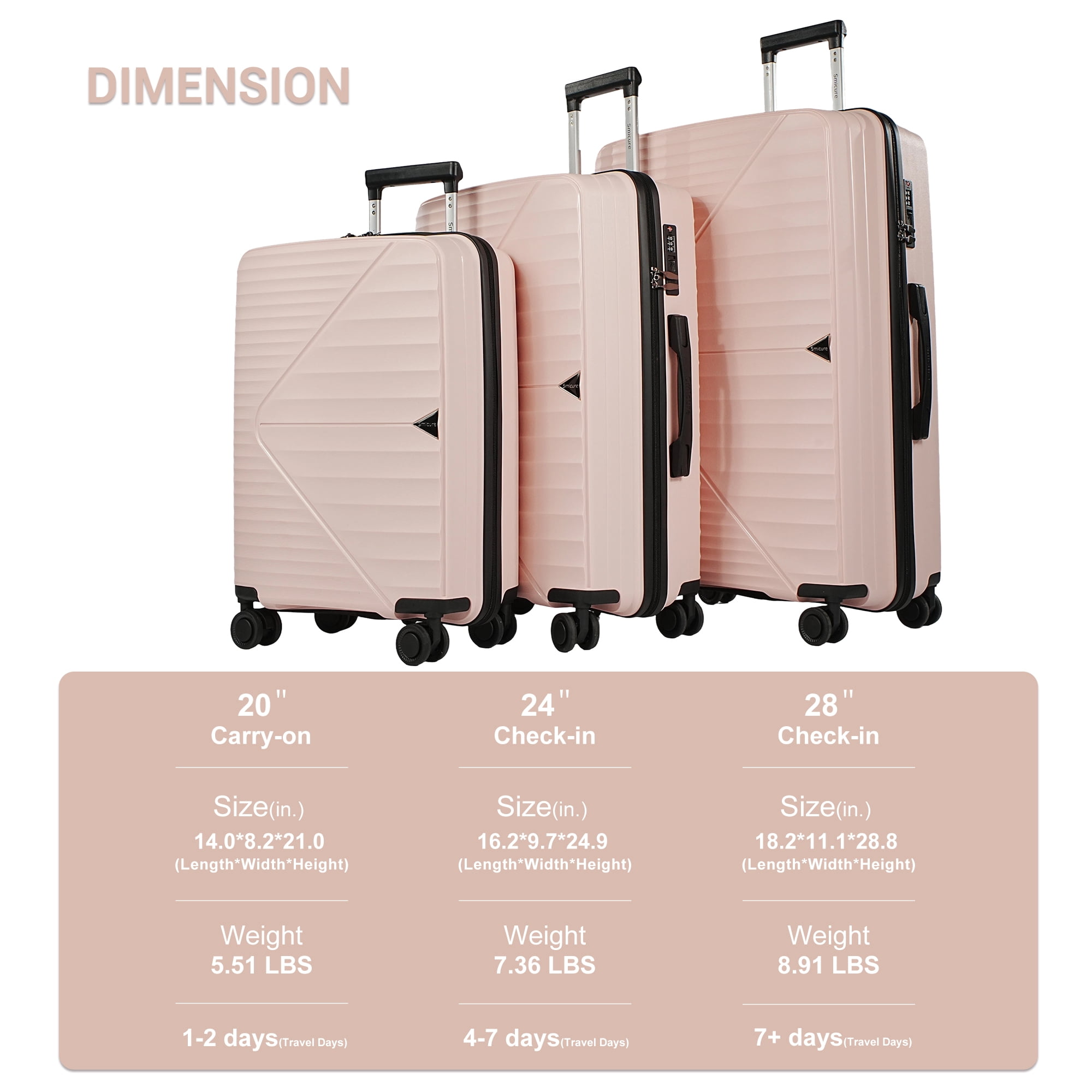 Smicure Luggage Sets 3 Piece with Spinner Wheel, Hardside Suitcase Set with TSA Lock, Lightweight Travel Luggage for Men and Women, Pink