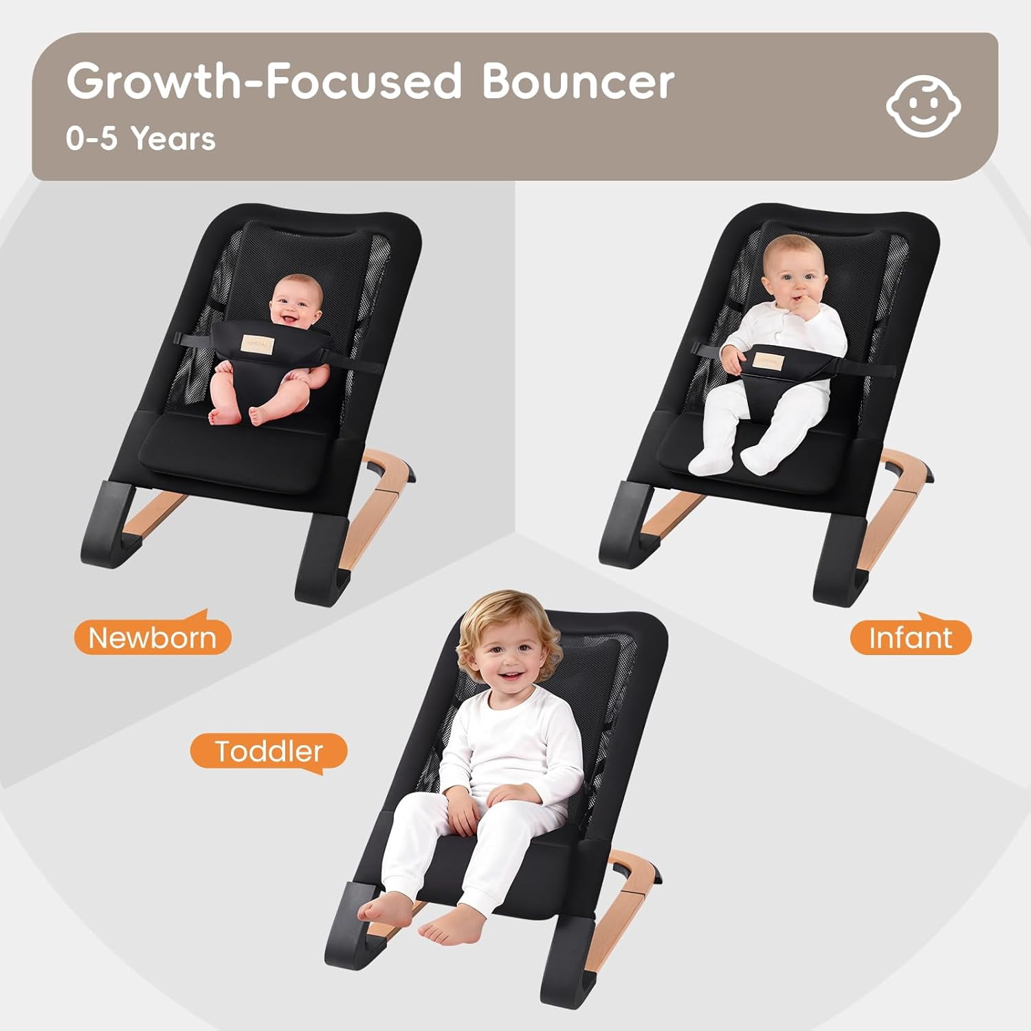 Portable Baby Bouncer & Rocker Seat for Infants, Adjustable Reclining Baby Chair with 3-Point Safety Harness, Lightweight Foldable Design for 0-18 Months, Supports Up to 60 lbs, Black