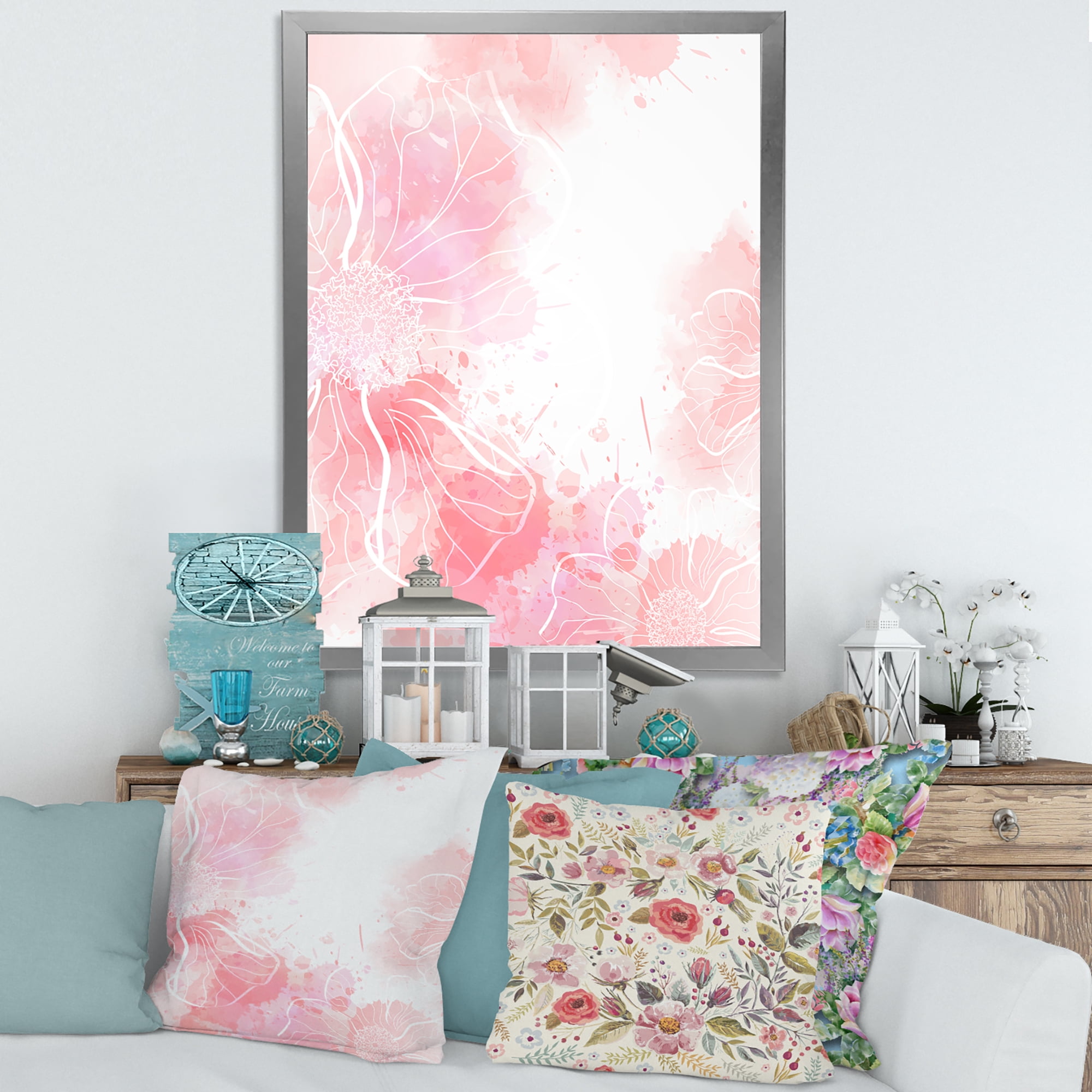 Designart 'Abstract Splashes of Pink Flowers I' Modern Framed Art Print