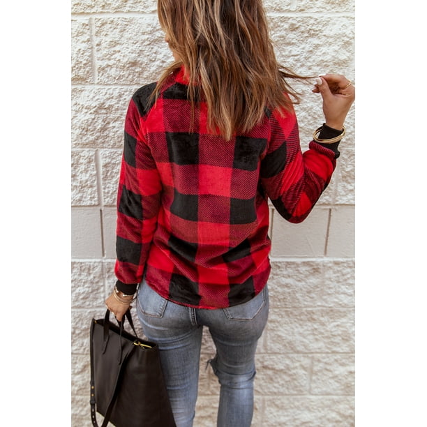 ABPHQTO Sudadera roja de manga larga con paneles de cuadros de mujer