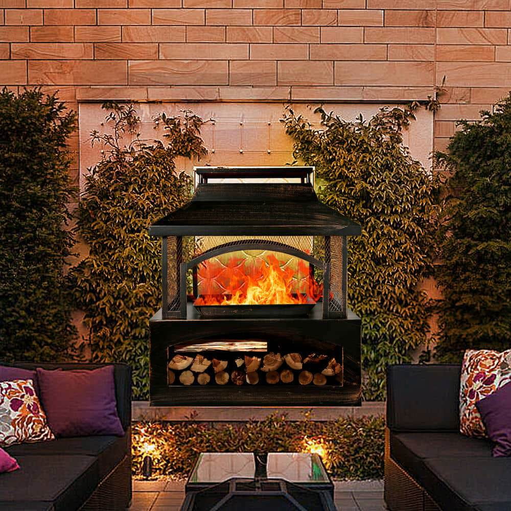 Spaco Rectangular Metal Log Burner Fire Pit with Built-in Log Storage, Outdoor Wood-Burning Fireplace, Fire Pit for Outdoor, Brown