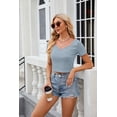 thumbnail image 3 of Summer New V-neck Solid Color Short-sleeved Slim Short T-shirt For Women, 3 of 8