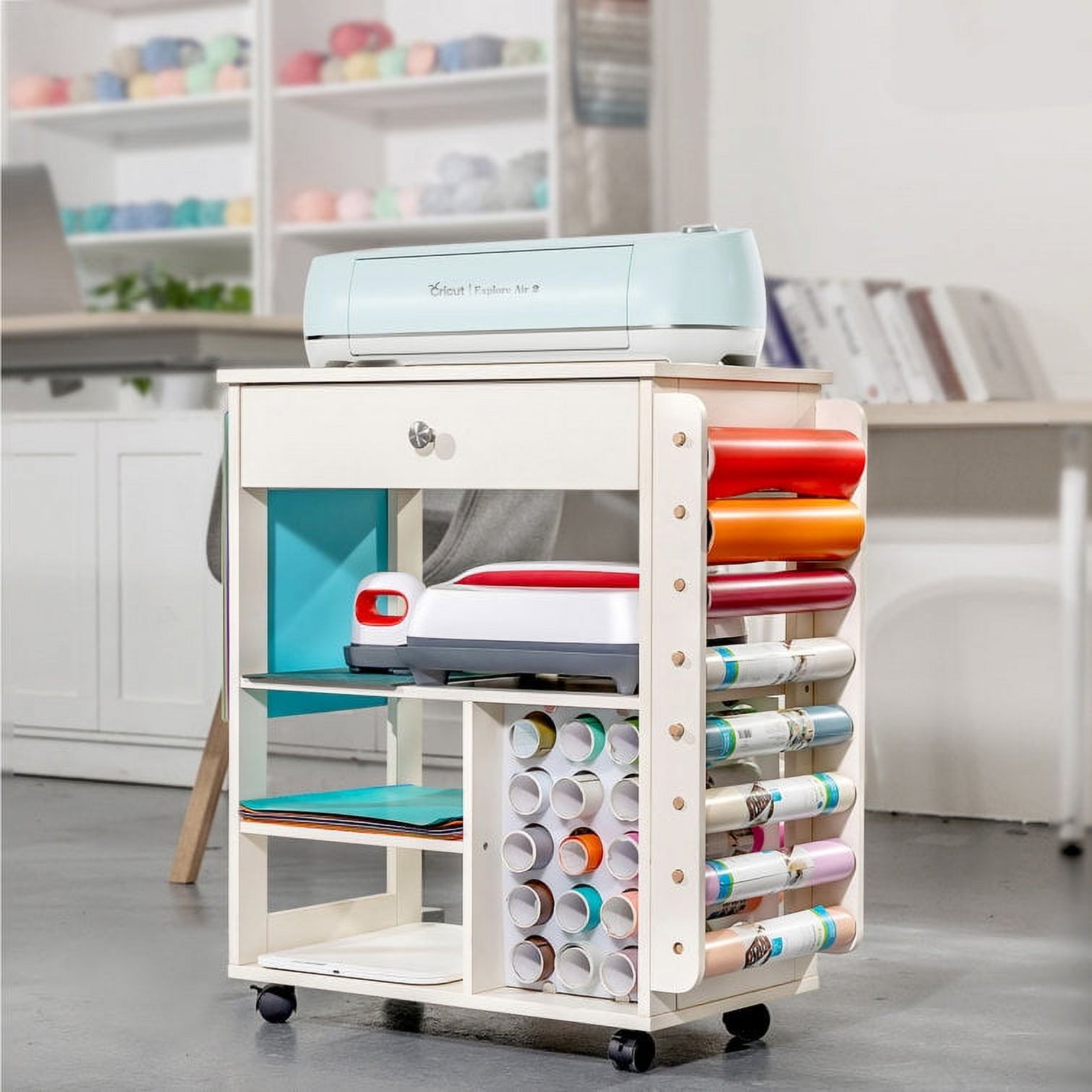 Organization and Storage Cart Compatible with Cricut Machine, Rolling Craft Storage Organizer with Vinyl Roll Holder, Crafting Cabinet Table Workstation for Craft Room Home - Compact Removable - image 2 of 7