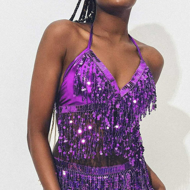 2969 – Purple Lilly Beaded Sequin Bra top with beaded Fringe
