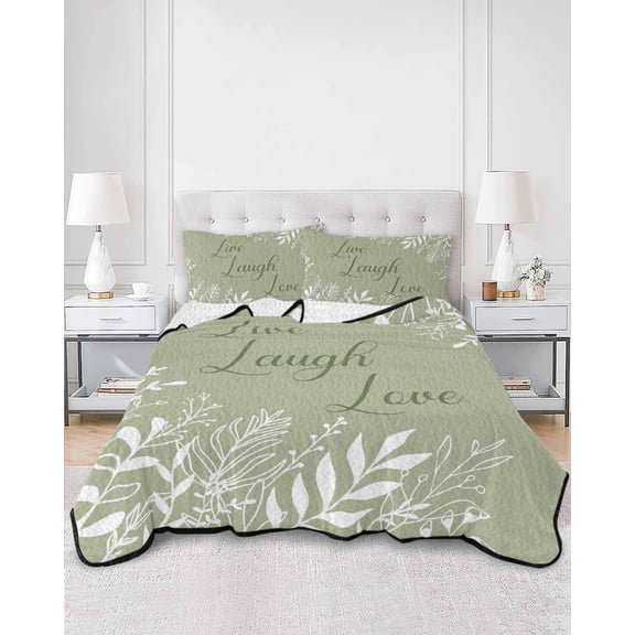 Quilts King Size, Sage Green Botanical Soft Comforter Bedding Set for Bed, Farmhouse Laugh Love Leaves Lightweight Quilted Bedspread with Pillow Cover(2 Pieces) for All Season, 96x106 Inch