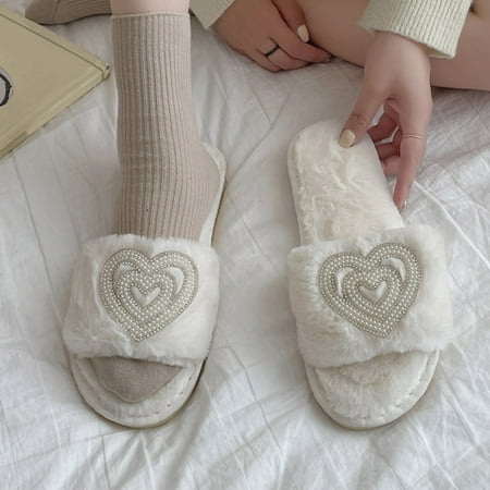 

Summer Slippers For Women Beach Accesseories Flip Flops For Women Fashion Winter Women Slippers Flat Bottom Non Slip Open Toe Love Pattern Rhinestone Pearl Plush For Warm Swimming Pool Accessories Men
