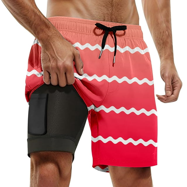 Men's Casual Beach Sports Plus Size Fashion Gradient Striped Double Layer Beach Pants, Compression Lined