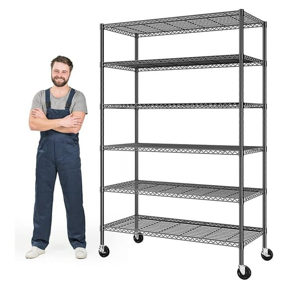 6 Tier Wire Shelving Unit with Wheels - 82"H x 45"W x 18"D Metal Storage Shelves - 1200lbs Capacity - Garage, Pantry, Kitchen, Closet - Black