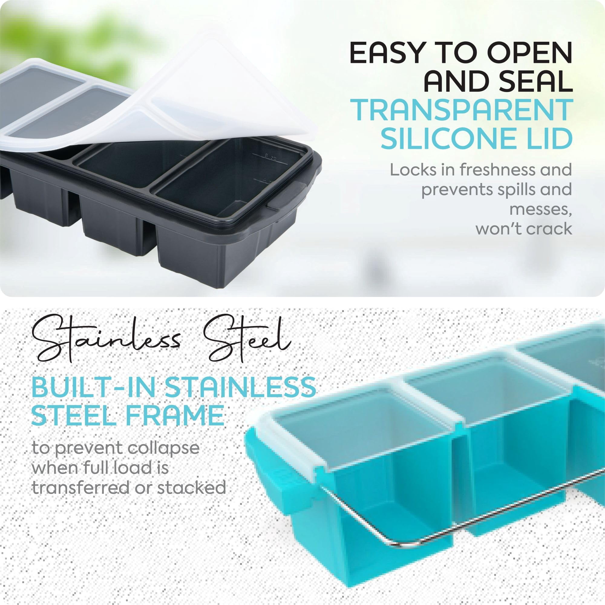 Silicone Freezer Tray With Lid - Soup Container Molds Large Ice Cube Tray- Makes 8 1 Cup Portions Cubes  2-pack Storage Food Soups & Meal Prep Oven Dishwasher -safe