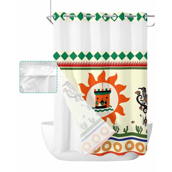 No Hook Shower Curtain with Snap in Liner, Indian Cactus Sun Abstract Art Geometric Triangles Hotel Shower Curtains for Bathroom, Washable Shower Curtain Liner Set with Mesh Top Window, 60"x72"