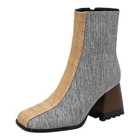OJSFQUFP Ankle Boots for Women Ladies Fabric Square Toe High Heel Colour Blocking Medium Large Size Boots Ankle Boots Short Boots Ladies Waterproof Shoes Grey 41