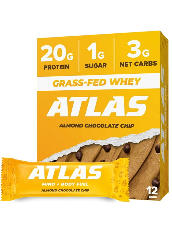 Atlas Protein Bar, 20g Protein, 1g Sugar, Clean Ingredients, Gluten Free, Almond Chocolate Chip, 12 Count