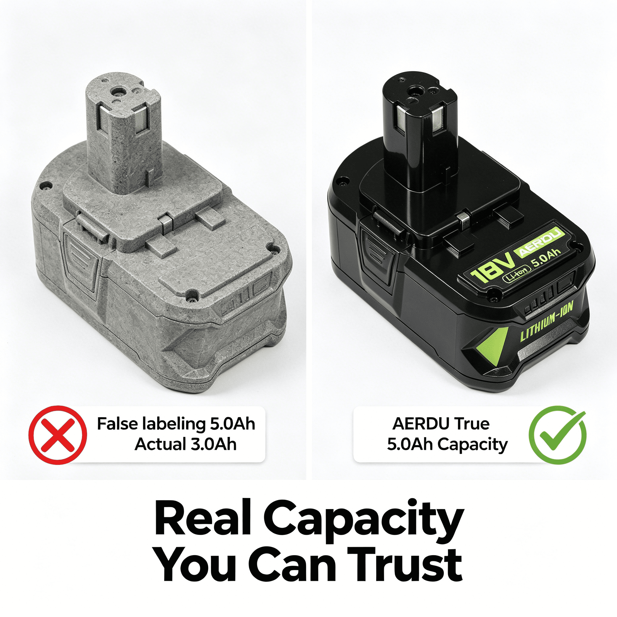 AERDU True 5.0Ah Battery 2-Pack and Charger for Ryobi 18V ONE+, High Capacity Lithium-Ion P108 P117 Kit