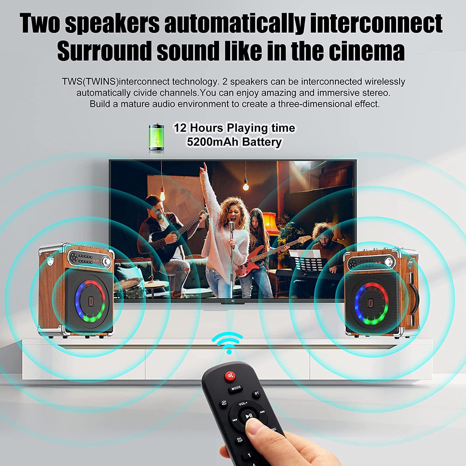 Supports TF Card/USB AUX IN Portable Bluetooth Speaker with Bass/Treble Adjustment FM JYX Karaoke Machine with Two Wireless Microphones REC for Party Remote Control and LED Lights 