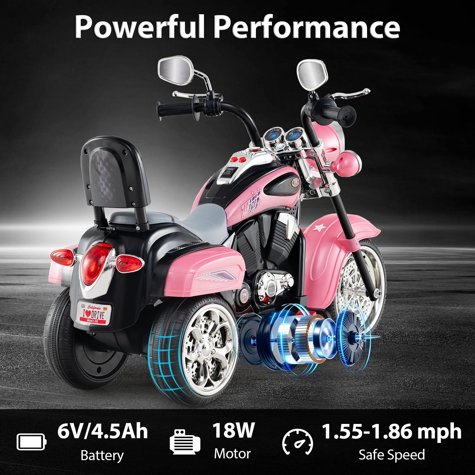 Gymax 6V Electric Kids Motorcycle 3-Wheel Ride On Toy w/ Adjustable Headlight Pink