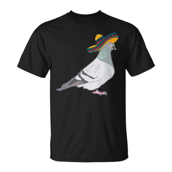 Pigeons with Sombrero Hat Tee Funny Bird Graphic Cotton T Shirt Unisex Adult Fit Humor Gift for Animal and Pigeon Lovers, Size 4XL, Color Black