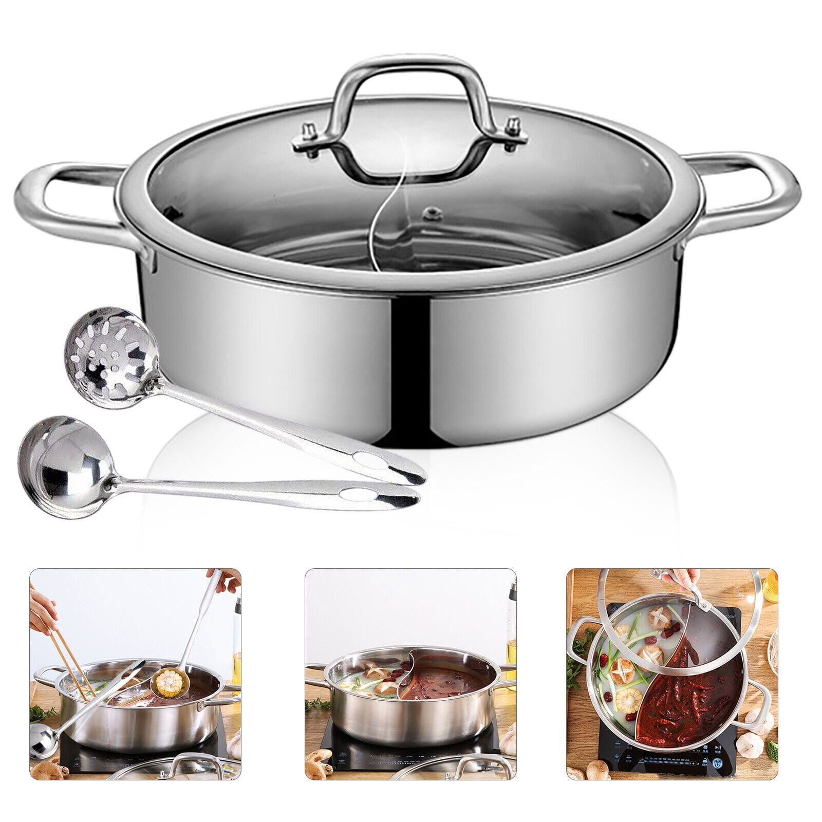 Kxuhivc Divided Hot Pot Pan 18/10 Stainless Steel Shabu Shabu Hot pot with  Divider for Induction Cooktop Gas Stove Dual Sided Soup Cookware with 2  Soup Ladles (13 inch) 