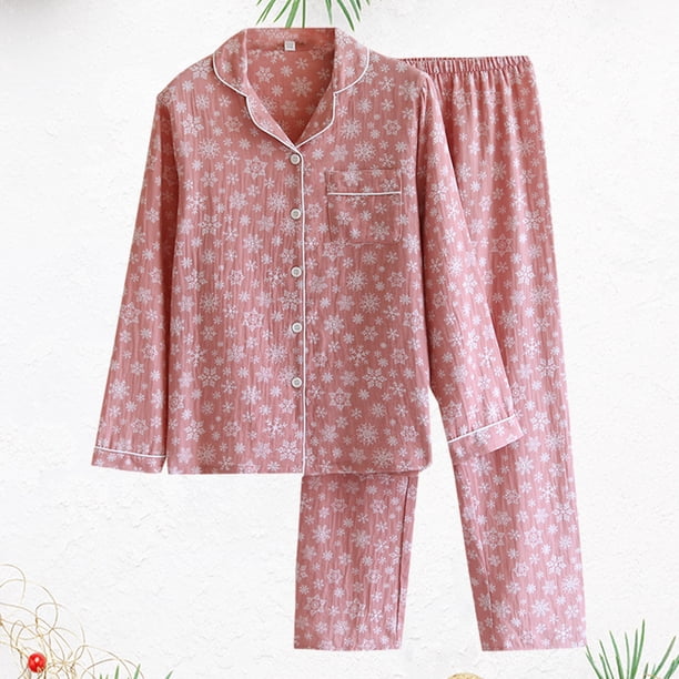 Pijamas Navideñas Conjuntos de 2 piezas para mujer Ropa de estar por casa con estampado de hojas y flores Ygjytge Rosa claro*Nieve T XXL para Mujer