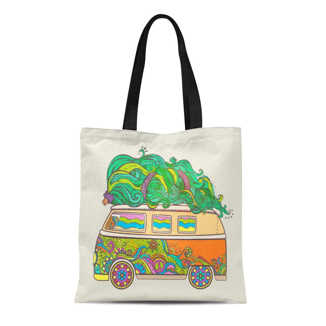 ASHLEIGH Canvas Tote Bag Hippie Car Tree Ornamental Retro Hippy Color ...