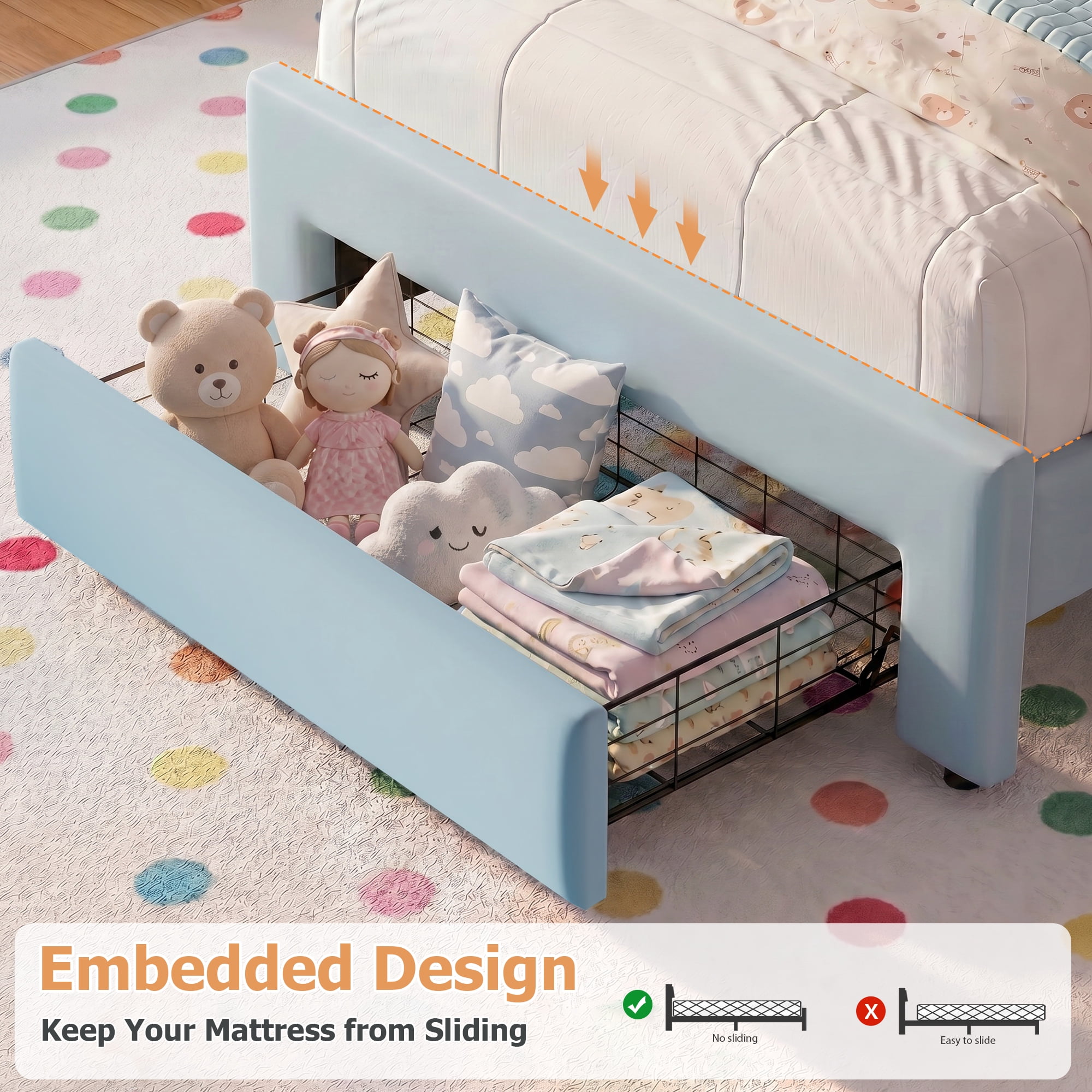 Hijob Twin Size LED Bed Frame for Boys/Kids with Storage Drawers, Velvet Upholstered Platform Bed with Adjustable Headboard, Built in Charging Station, Blue