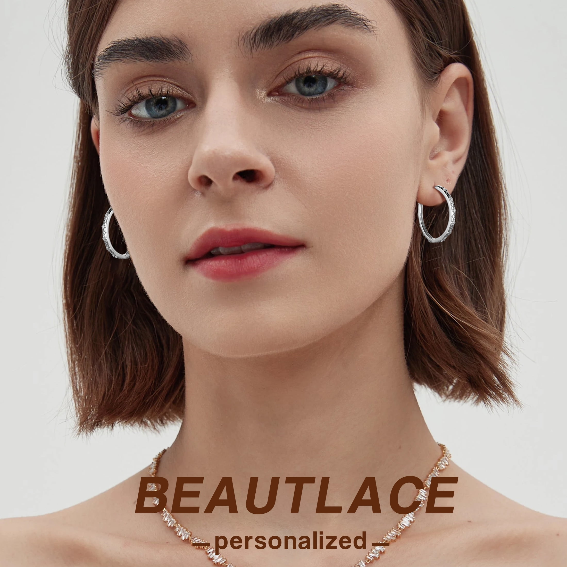 Beautlace 14K White Gold over 925 Sterling Silver Hoop Earrings for Women, 24mm Filigree Design with 5A Cubic Zirconia Earrings Hoops Christmas Birthday Jewelry Gift for Her