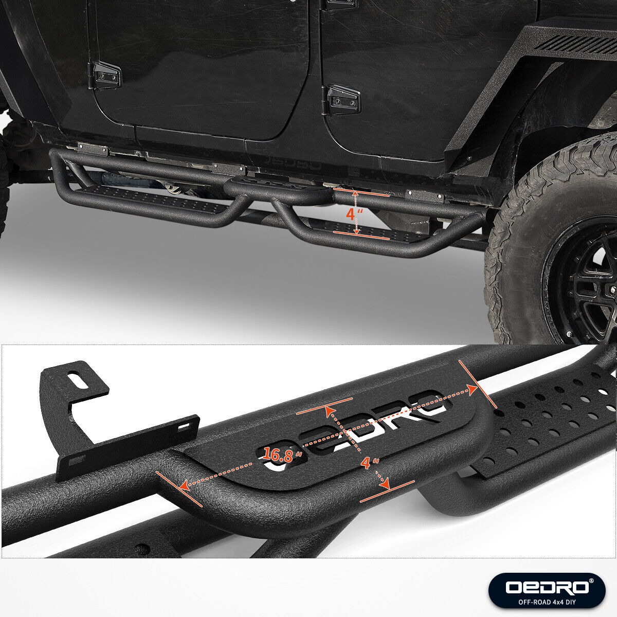 Hooke Road Pedane Laterali In Acciaio Per Jeep Wrangler JK 4 Porte (2007-2018) - Design Drop Side, Antiscivolo, Nere