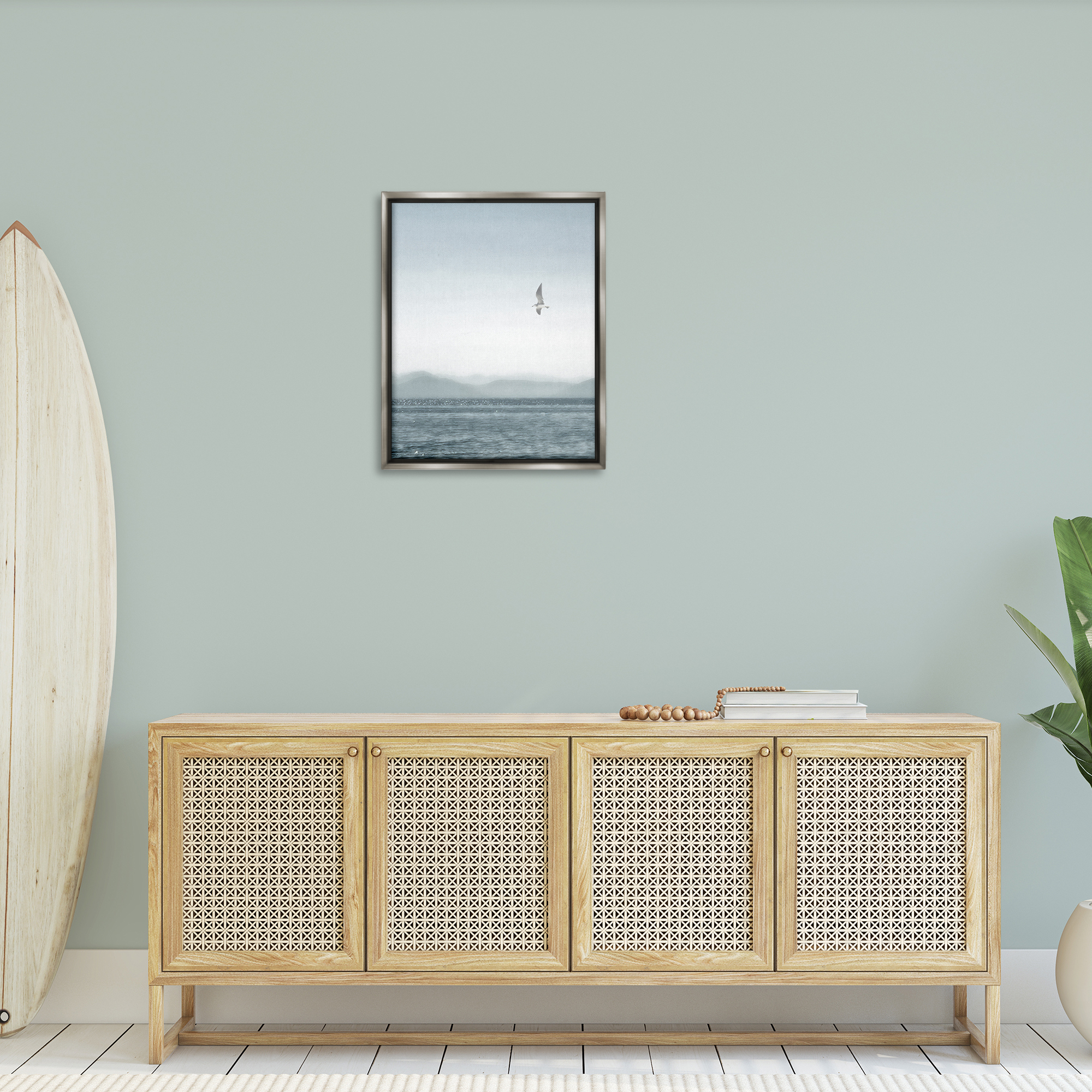 Stupell Industries Lone Gull over Sea Coastal Painting Gray Floater Framed Canvas Art Print Wall Art, 25 x 31