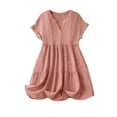 thumbnail image 2 of Women's V-Neck Tiered Mini Dress Short Sleeve Ruffle Hem Summer Dress Lightweight Gauze Fabric Casual Loose Fit Boho Flowy Sun Dress for Vacation Beach, 2 of 9