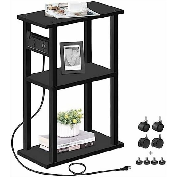 Small Narrow Side Table with Charging Station, Skinny End Table for Small Spaces, Slim Nightstand with USB Ports and Outlet, Sofa Beside Table with Wheels, Black TB01BK046