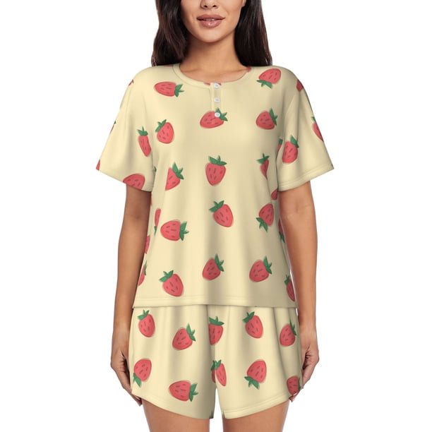 Balery Strawberries Conjunto de Pijama para Mujer con Estampado, Dos Piezas de Manga Corta y Shorts, Ropa de Dormir Suave con Cuello Redondo y Bolsillos-Medium