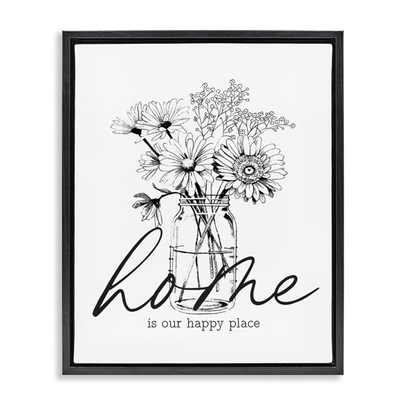 Stupell Industries Cottage Home Happy Place Flower Blossoms Jar Bouquet Black Floating Frame Canvas Art, 17 x 21, by Lettered and Lined