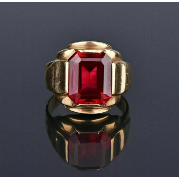 Valentine Gift Emerald Cut Lab Created Red Ruby Men's Ring 14k Yellow Gold Plated