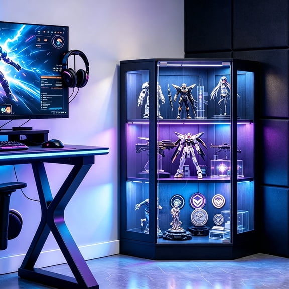 HMstone 42'' Corner Display Cabinet with Glass Doors, 3-Tier Hexagon Curio Cabinet with RGB LED Lights for Living room, Black