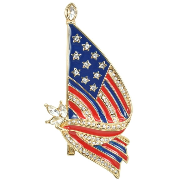 Gyn&Joy Golden Tone Crystal American Flag Brooch Pin USA Patriotic Jewelry