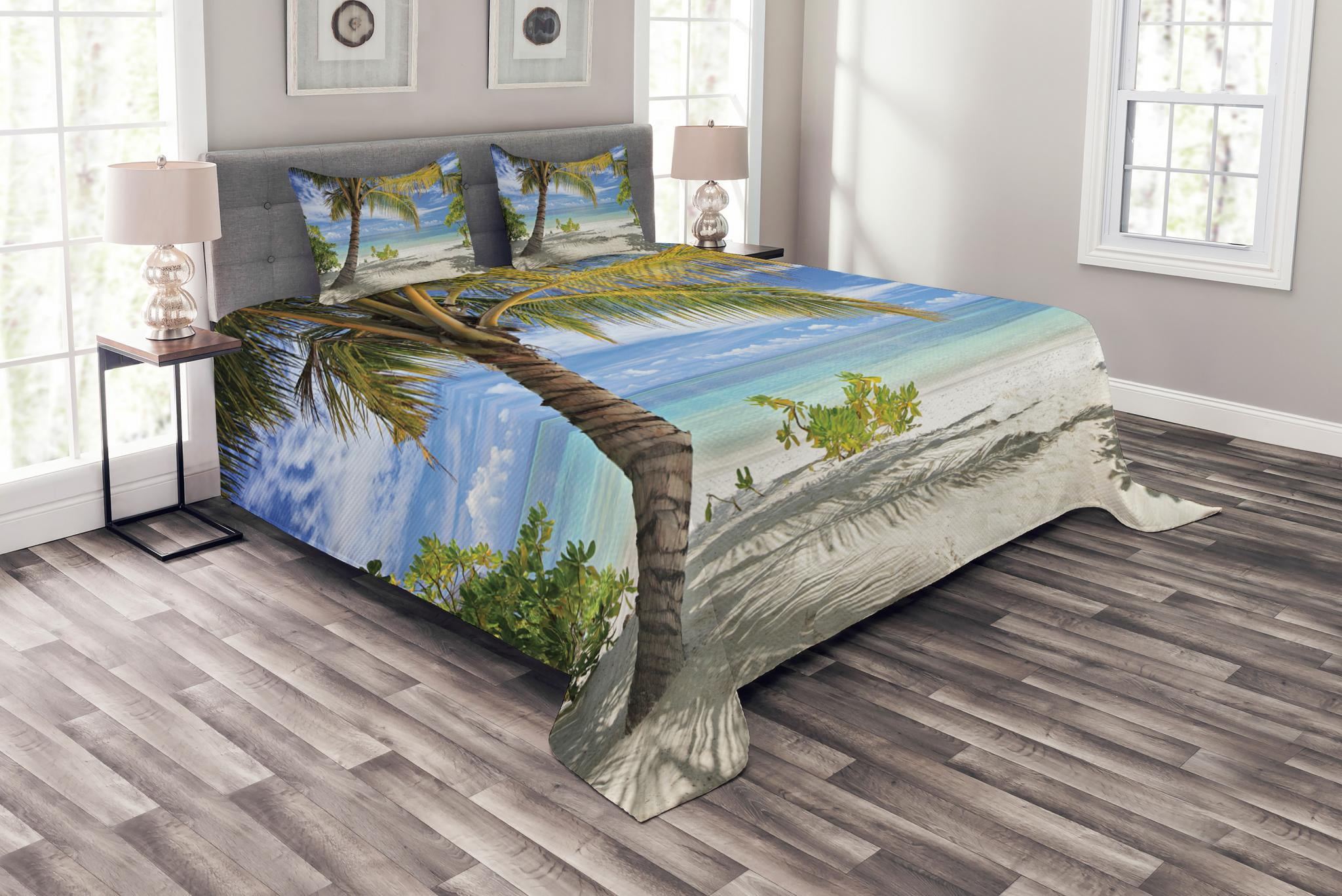 Palm Tree Bedspread Set Queen Size, Tropical Sandy Beach with Palm Trees Maldives Coastline