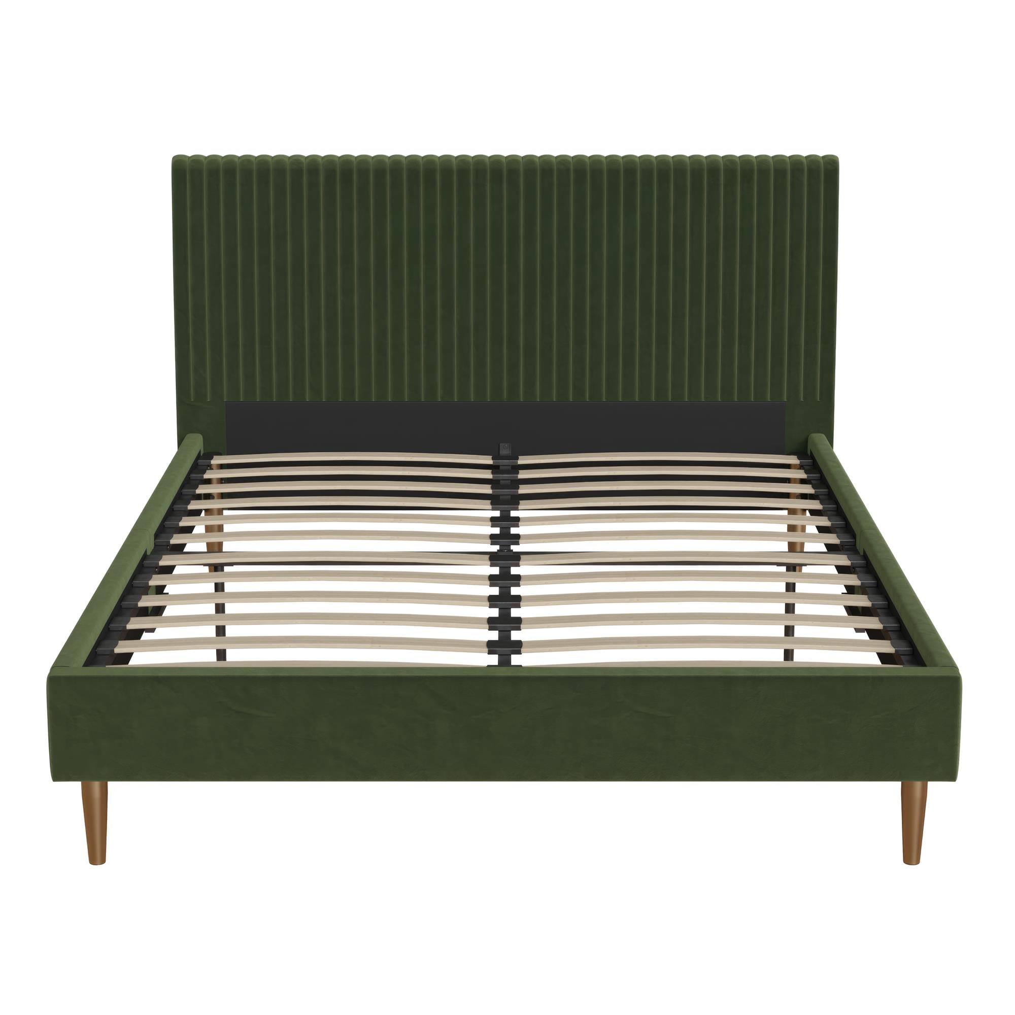 Mr. Kate Daphne Upholstered Bed with Vertical Channel Tufted Headboard, Queen, Olive Green Velvet