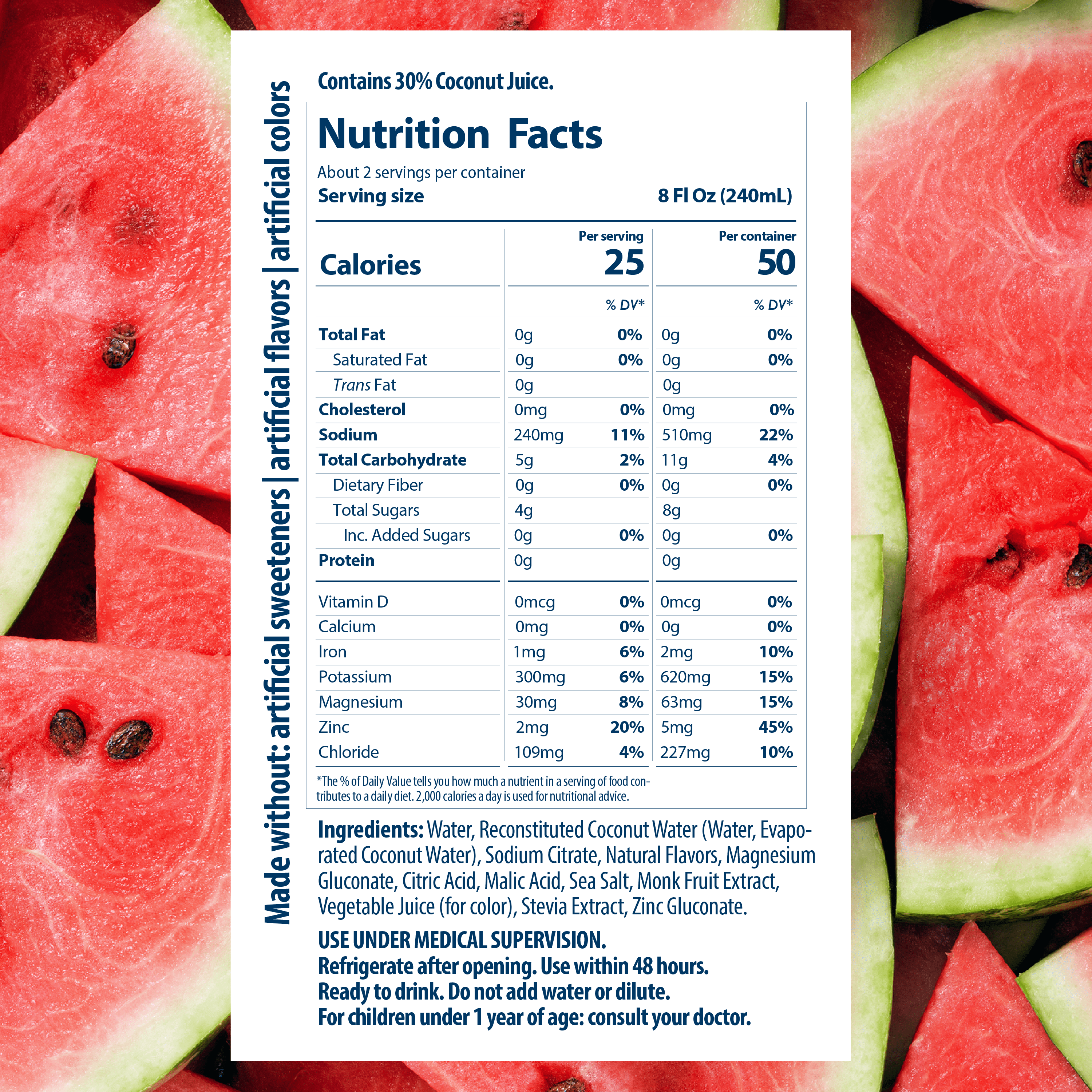 (4 pack) Dr. Brown's Electrolyte Solution with Coconut Water and Sea Salt, 16.9 fl oz/500 ml, Watermelon, 1-pack