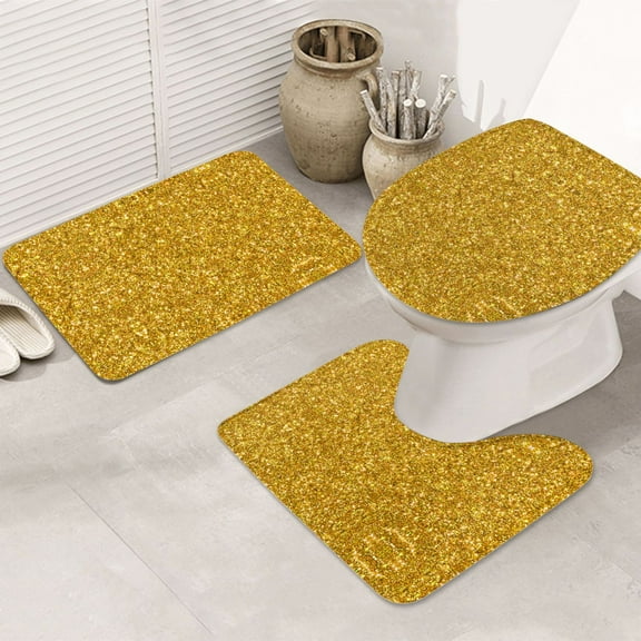 Bathroom Rugs Sets 3 Piece - Gold Glitter Absorbent Non Slip Bath Mats, U-Shape Toilet Lid Cover, Contour Mat, Soft Washable Shower Mats Bath Rug Mat for Bathroom Tub Toilet