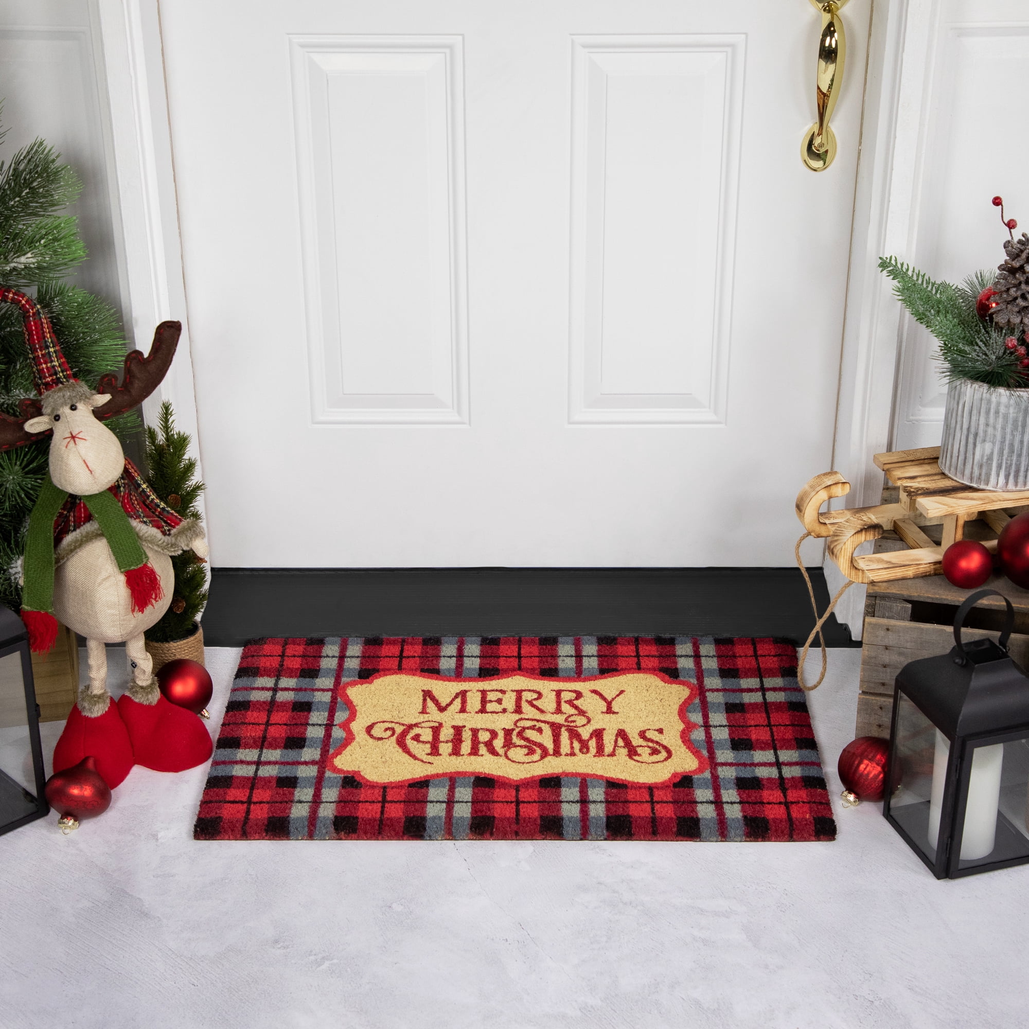 Red and Black Plaid "Merry Christmas" Outdoor Mat 30 x 18