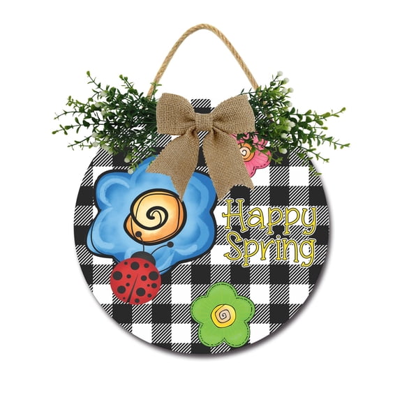 Eveokoki Happy Spring Sign Front Door Porch Decorations, Round Rustic Wood Hanging Sign for Farmhouse Porch Outdoor Home Holiday Front Door Sign Decor