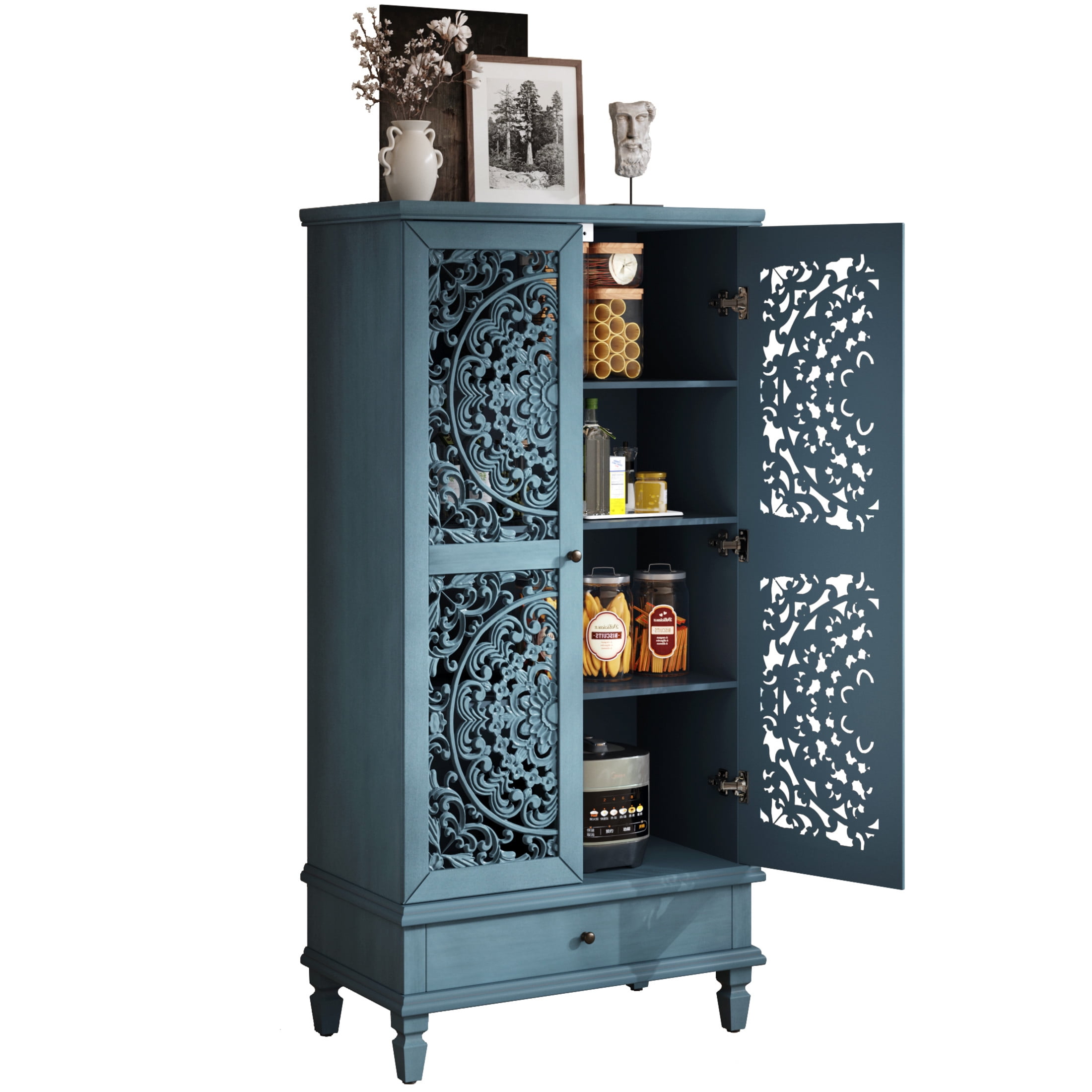Noble house Rustic Tall Storage Cabinet with Drawer, Carved 2-Door Cabinet with Solid Wood Legs,Antique blue