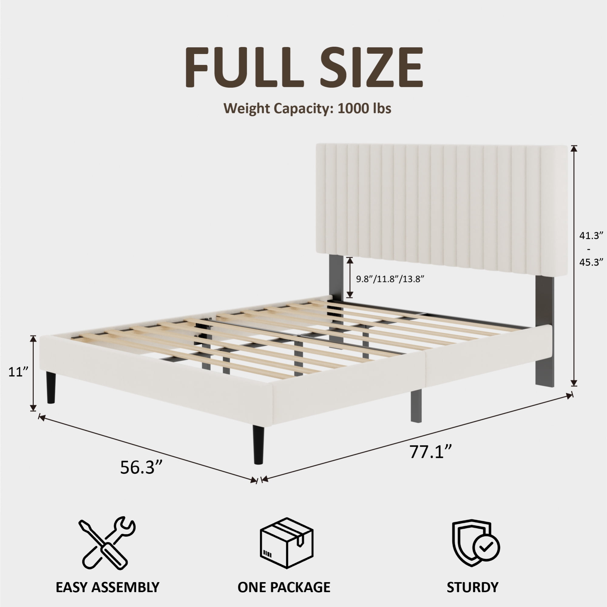 Leumius Full Size Bed Frame,Velvet Upholstered Platform Bed Frame with Height-Adjustable Headboard,Sturdy Frame,Quiet Design,Easy to Assemble,Beige