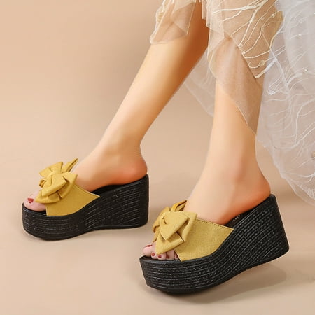 

FZM Women shoes Ladies Fashion Cloth Bow Fish Mouth Platform Wedge Heel Casual Slippers